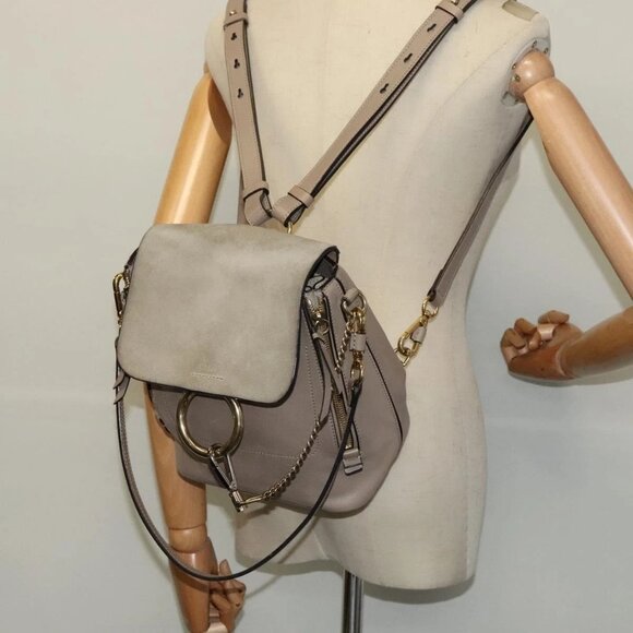 Chloe Fay Shoulder Bag Suede Leather Gray Gold Auth